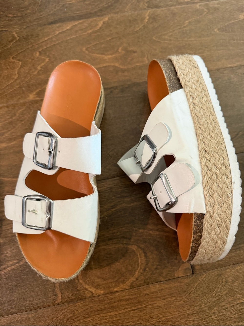 White Double-Buckle Espadrille Platform Slide Sandals
